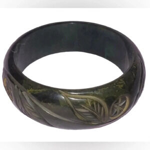 Bakelite Vintage 1940s Marbled Spinach Heavy Carved Art-Deco Bracelet RARE